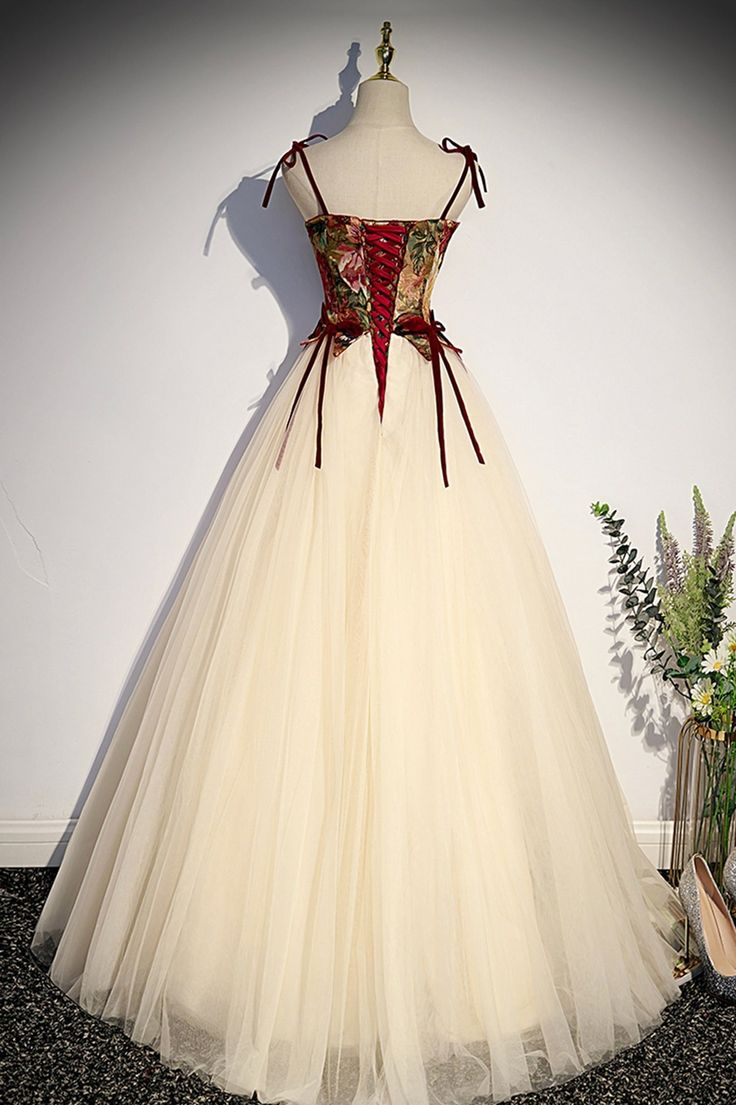 Vintage Spaghetti Straps Tulle A Line Ball Gown Champagne Formal Prom Dress cc2443