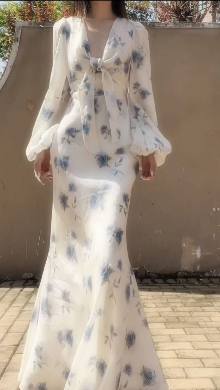 Classy Ice Blue Chiffon Rose Print Floral Prom Party Dress,Long Mermaid Evening Dress cc2847