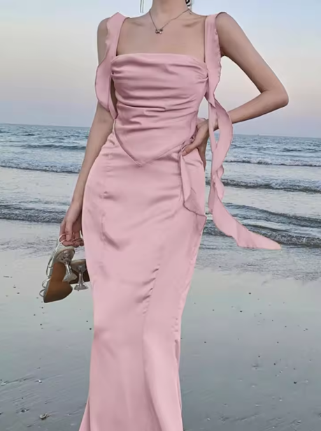 Sweet Pink Mermaid Evening Dress Satin Long Slit Prom Dress cc2105