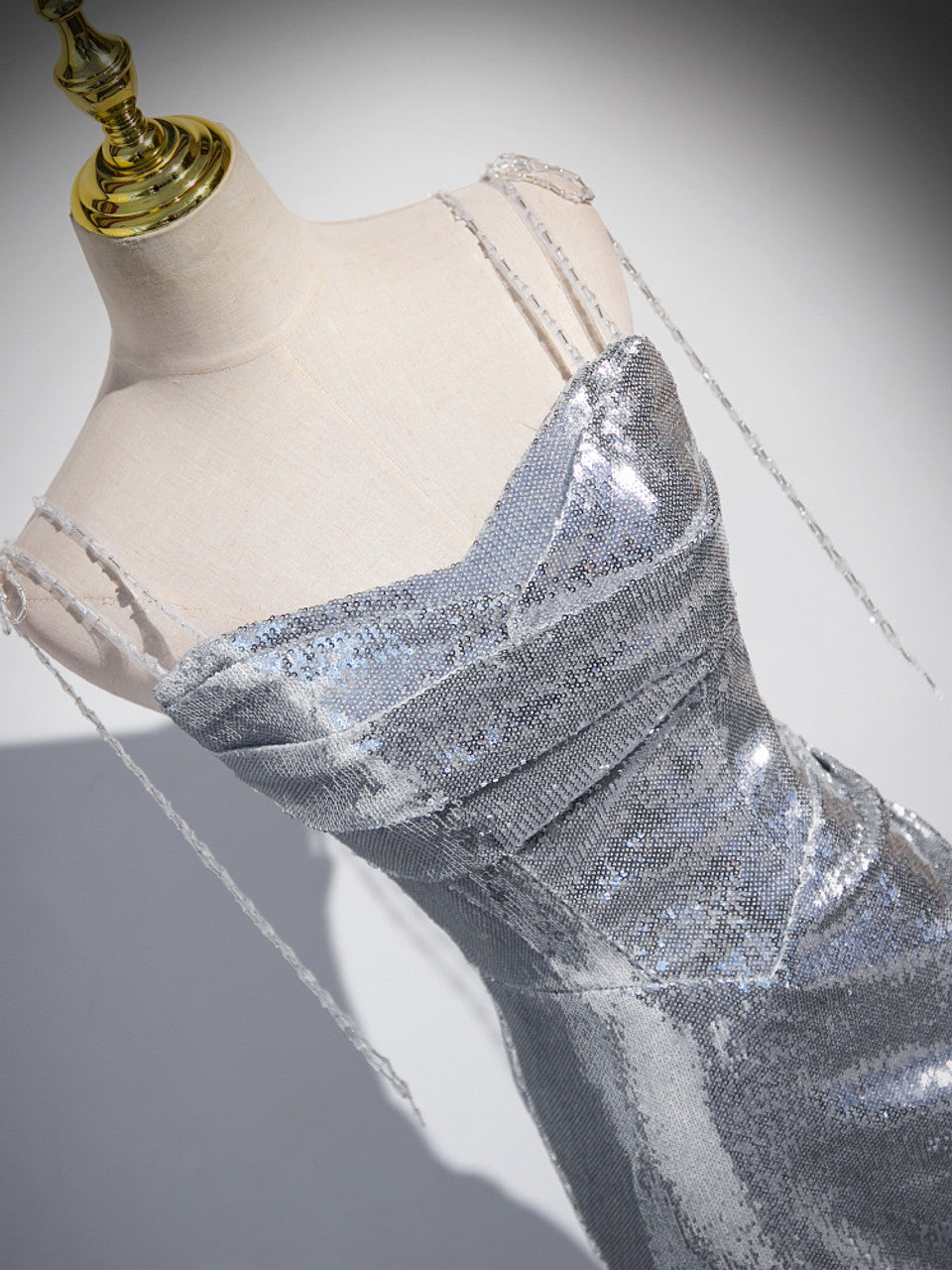 Charming Silver Mermaid Sequins Spaghetti Straps Pleated Prom Dress Long Party Dress cc1556