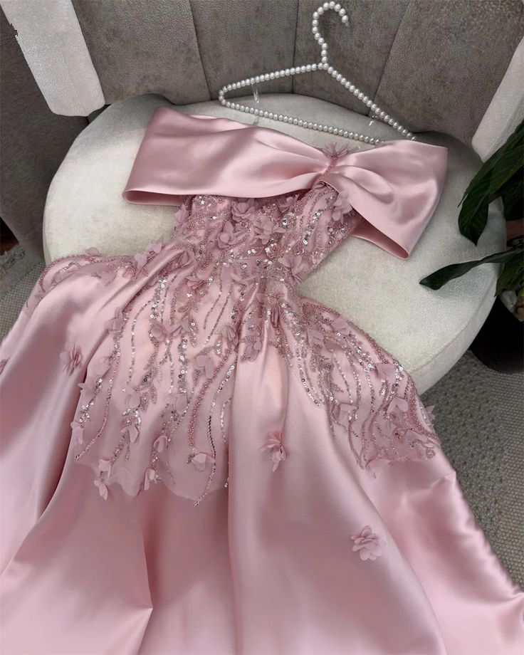 Gorgeous Off The Shoulder Apliques Beaded Evening Dress Pink Party Dress Ball Gown cc1667