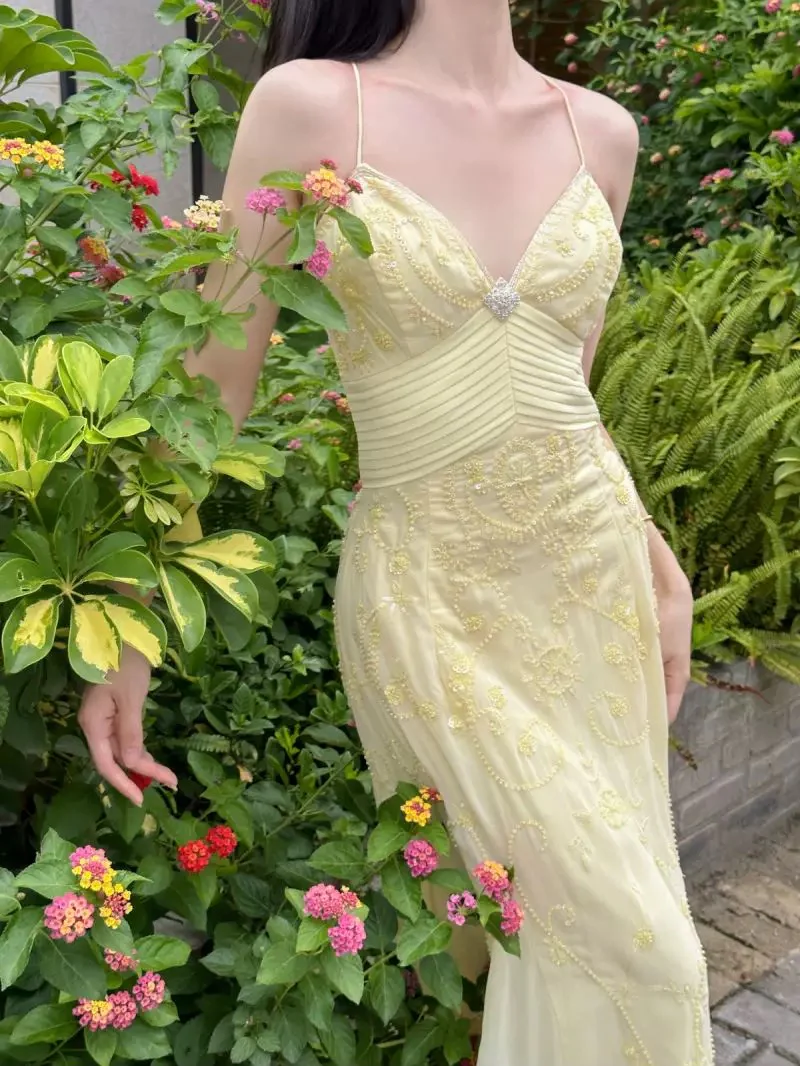 Beautiful Mermaid Spaghetti Straps Yellow Chiffon Beaded Prom Dress Long Party Evening Dress cc1845