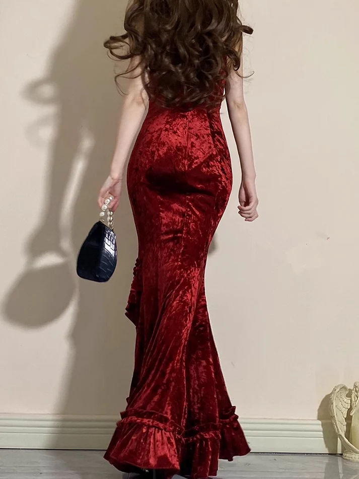 Vintage Burgundy Mermaid Ruffles Prom Dress Spaghetti Straps Long Party Dress Evening Dress cc1461