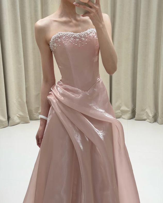 Elegant Prom Dress Light Pink Strapless Pleated Evening Dress Gala Dress cc5704