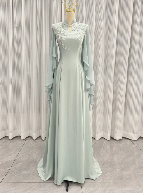 Beauty Prom Dress Light Green A Line High Collar Evening Dress Gala Dress cc5706