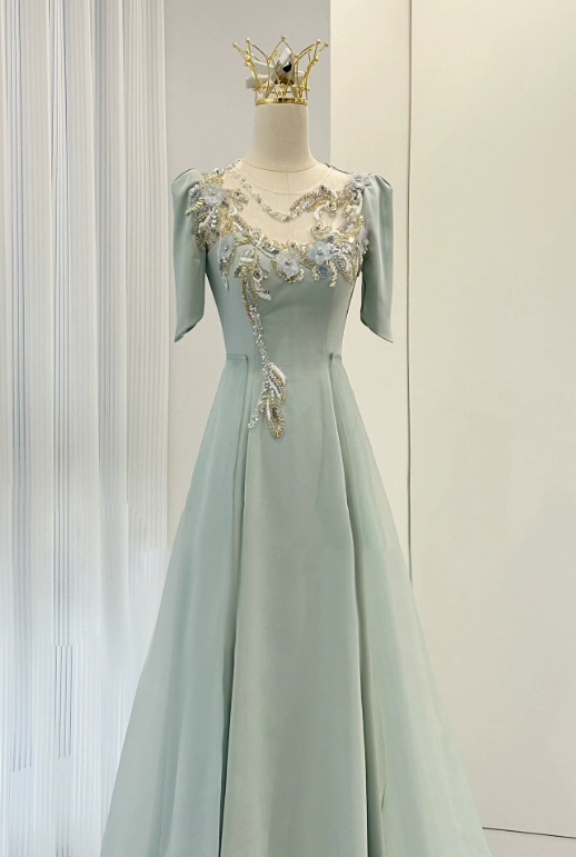 Beauty Prom Dress A Line Light Green Crew Neck Evening Dress Formal Dress cc5717
