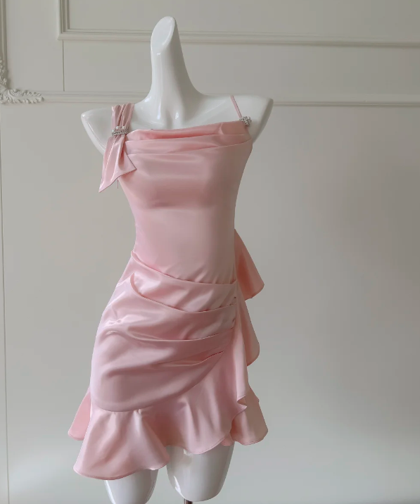 Lovely Homecoming Dress Light Pink Spaghetti Straps Pleated Birthday Party Dress Cocktail Dress cc5780
