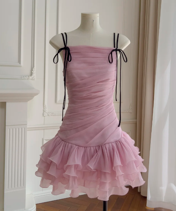 Stunning Homecoming Dress Chiffon Pink Spaghetti Straps Pleated Birthday Party Dress Cocktail Dress cc5782