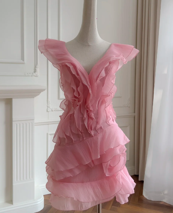 Fashion Homecoming Dress Chiffon V-neck Ruffle Birthday Party Dress Cocktail Dress cc5785