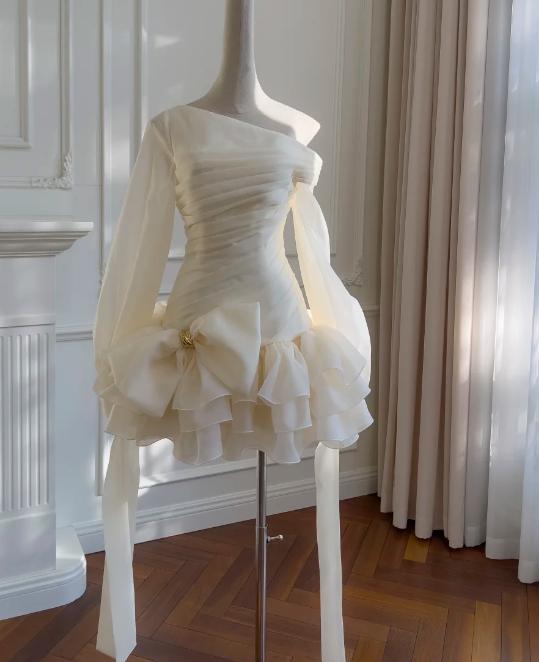 Elegant Homecoming Dress Ivory Chiffon One Shoulder Pleated Birthday Party Dress Cocktail Dress cc5787