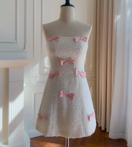 Chic Homecoming Dress White A Line Strapless Bowknot Birthday Party Dress Cocktail Dress cc5788
