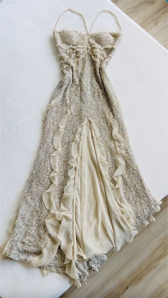 Vintage Sequin Beaded Long Evening Prom Dress Slit Ruffles Party Gown cc2044