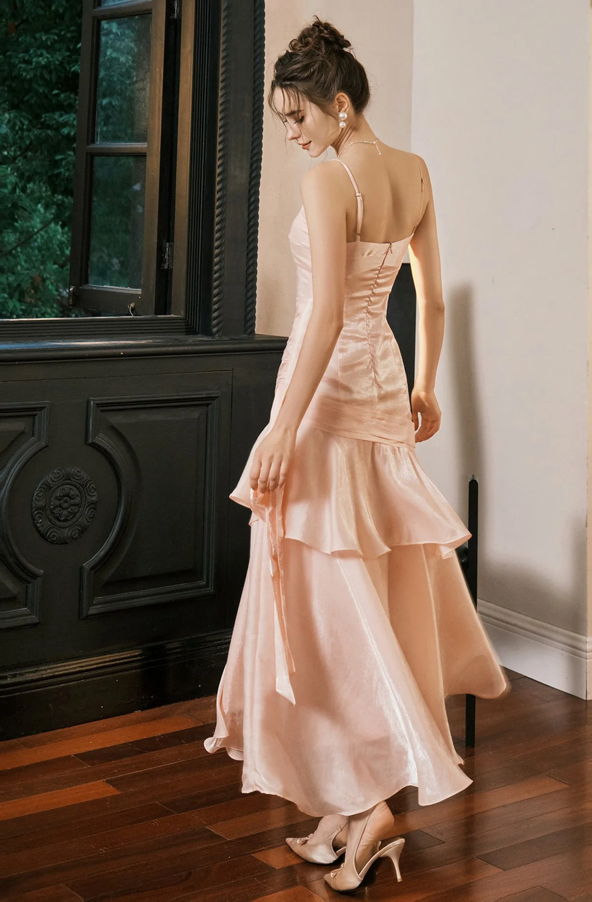 Elegant Pink Mermaid Evening Dress,Spaghetti Straps Satin Tiered Prom Dress cc2559
