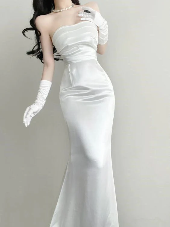 Elegant White Satin Strapless Mermaid Evening Dress Long Party Dress With Gloves cc2023