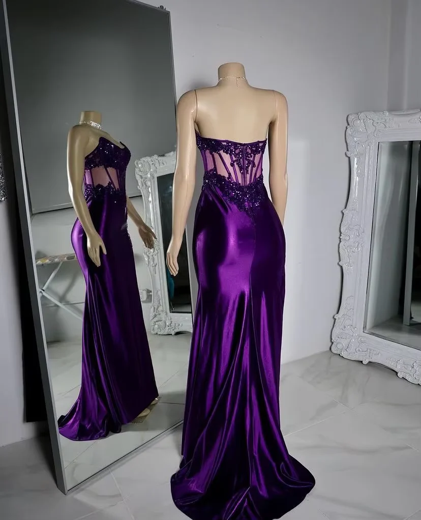 Luxury Purple Satin Lace Appliques Evening Dress,Mermaid Slit Party Prom Dress cc2616