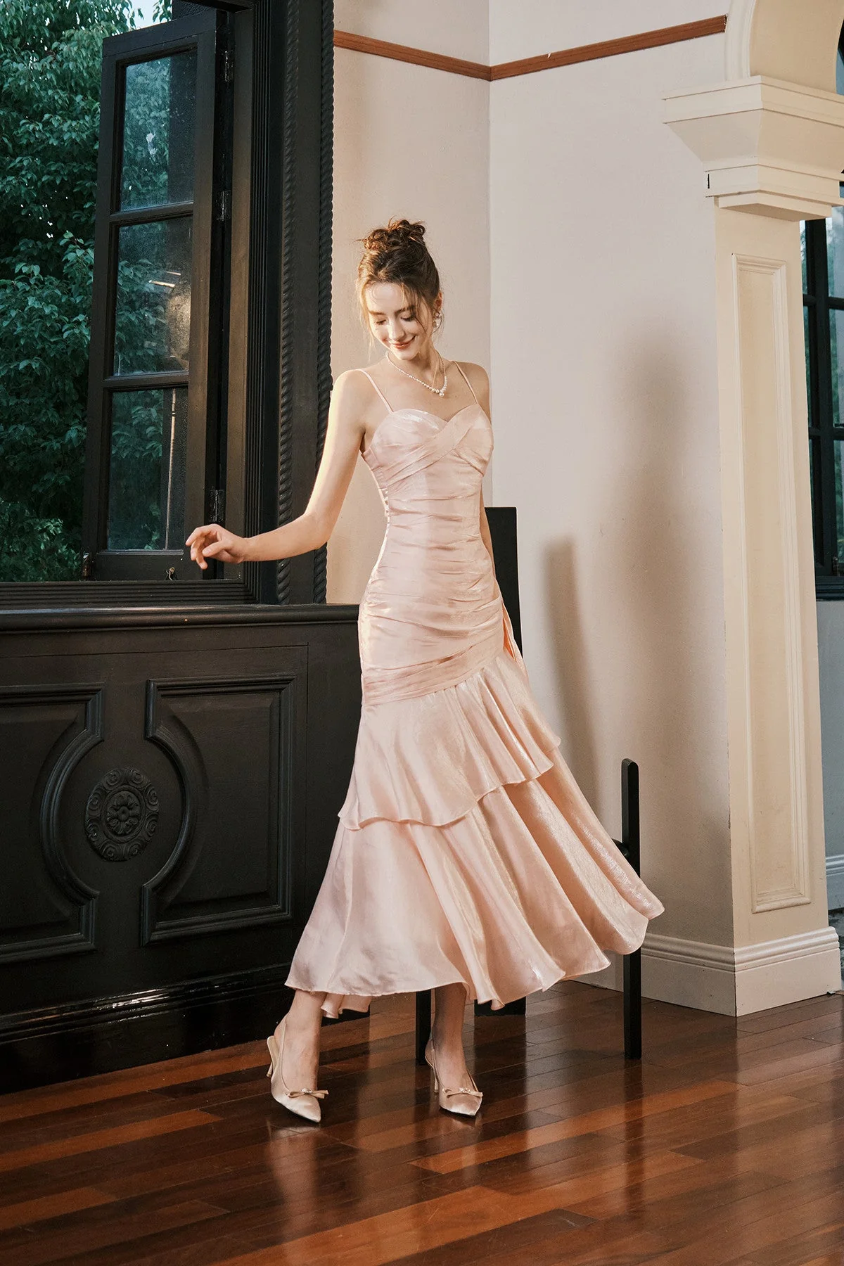 Elegant Pink Mermaid Evening Dress,Spaghetti Straps Satin Tiered Prom Dress cc2559