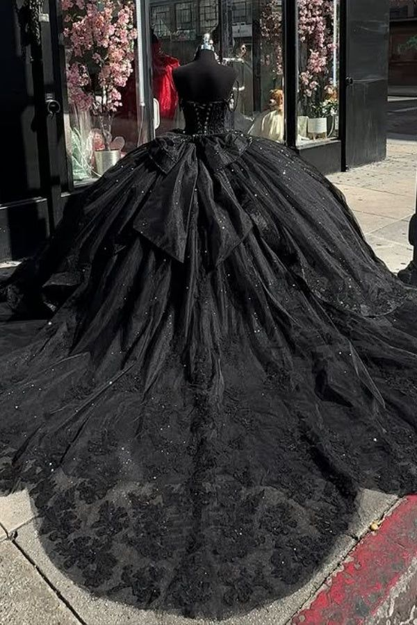 Sparkly Quinceanera Dress Sweetheart Neck Tulle Sequins Appliques Birthday Ball Gown With Bow cc2387