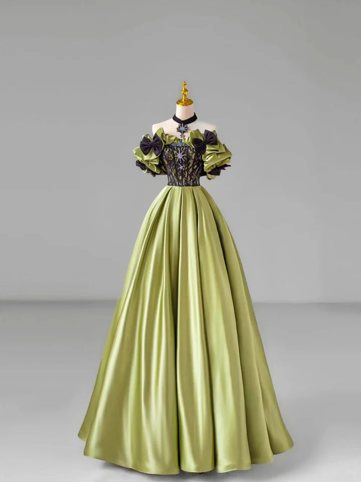 Vintage Off The Shoulder Ball Gown Green Satin Lace Bow Prom Dress cc2067