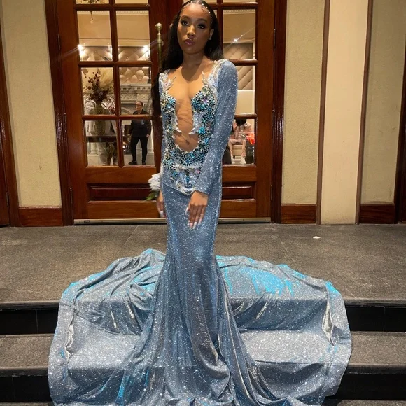 Beautiful Blue Satin Appliques Mermaid Evening Gown,Shiny Formal Prom Dress cc2476