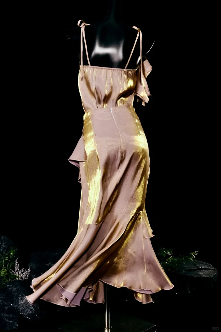 Elegant Spaghetti Straps Ruffled Birthday Party Dress V-Neck Mermaid Prom Gown Evening Dress cc1457