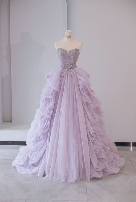 Fairy beaded Tulle Tiered Pleated Lilac Prom Dress Sweet 16 Dress Ball Gown cc1769