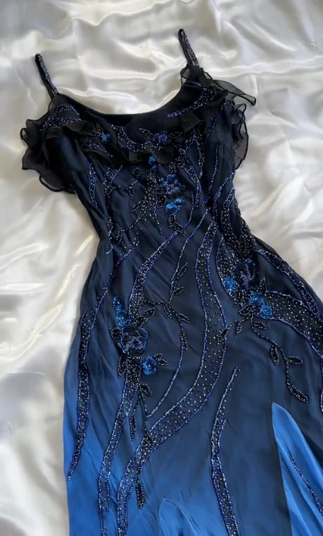 Charmong Navy Blue Chiffon Beaded Long Prom Dress Formal Party Dress cc1416
