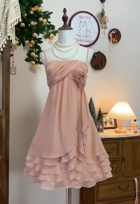Pretty Rose Pink Spaghetti Straps Layered Chiffon Homecoming Dress Cocktail Dress cc3257