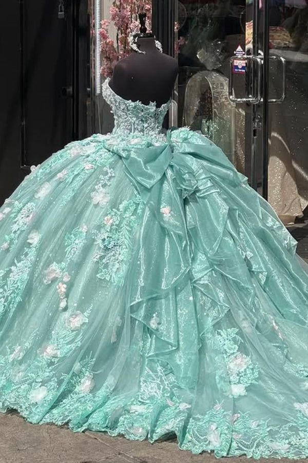 Luxury Light Green Ball Gown Sweetheart Neck Tulle Appliques Birthday Quinceanera Dress cc2390