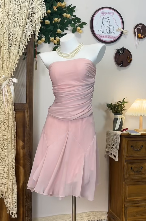Sweet Pink Strapless Chiffon A Line Homecoming Dress Mini Party Dress cc3113