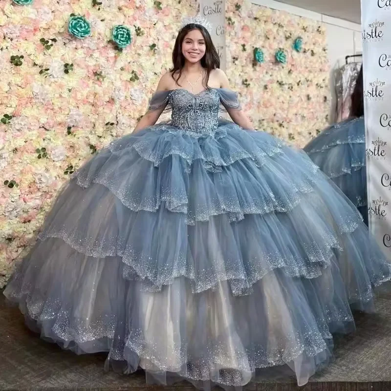 Sparkly Blue Sequin Off The Shoulder Ball Gown,Tulle Layered Sweet 16 Birthday Dress cc2618
