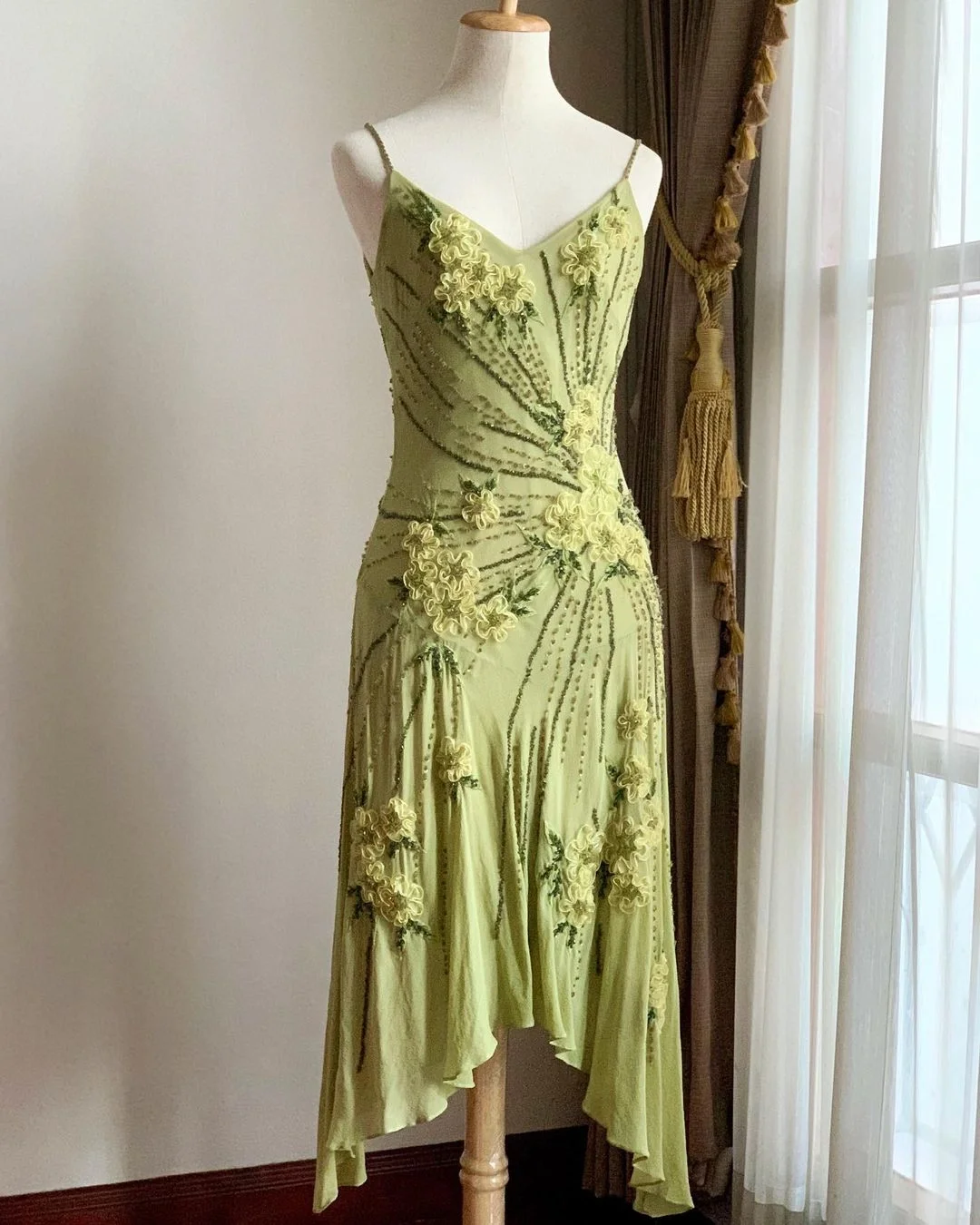 Pretty Green Spaghetti Straps Chiffon Beaded Mermaid Party Dress Long Evening Dress cc3348