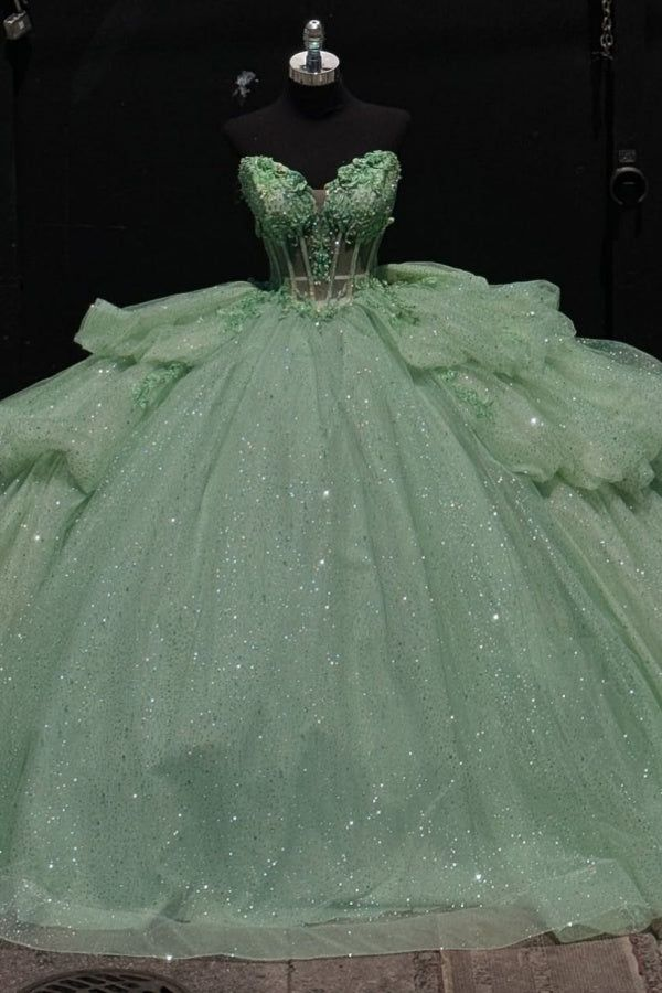 Fairy Green Tulle Sequins Appliques Quinceanera Dress Strapless Ball Gown With Bow cc2389