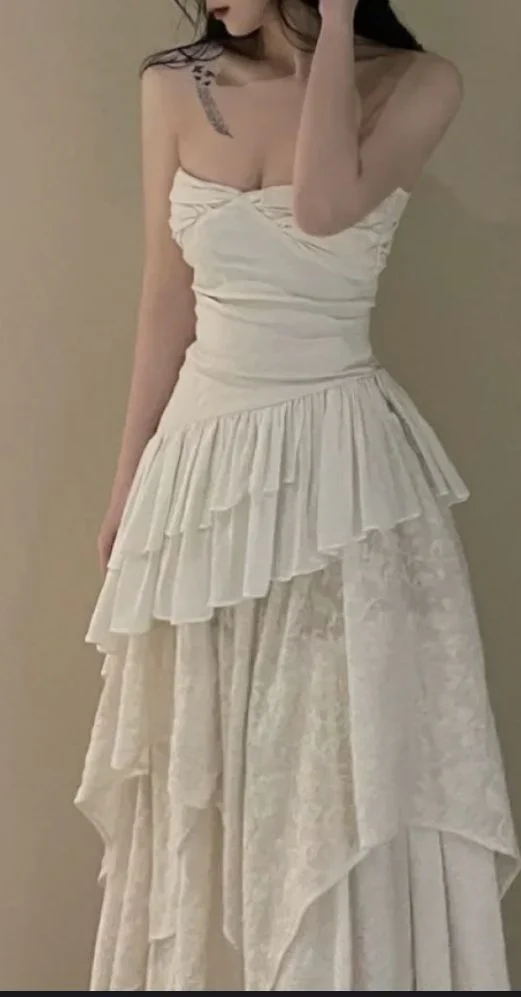 Vintage Strapless White Lace A Line Evening Dress Wedding Dress cc1937