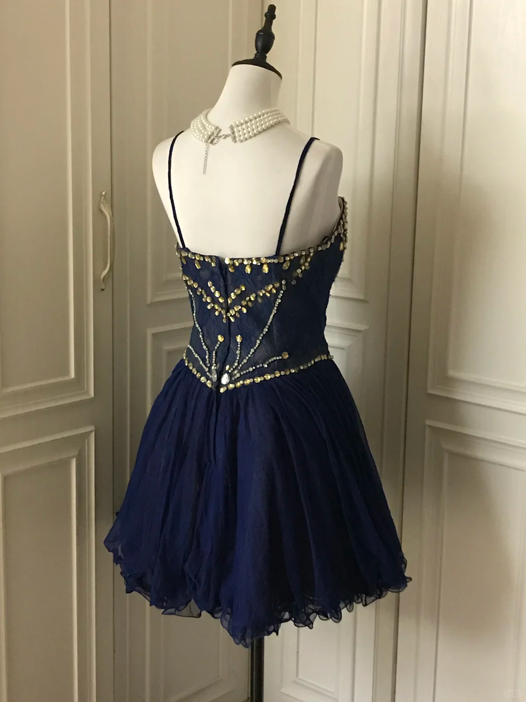 Vintage Navy Blue Lace Beaded A Line Homecoming Dress Short Party Dress cc3180