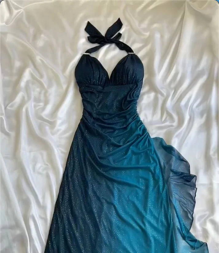 Beautiful Halter Ombre Navy Blue V Neck Chiffon Long Prom Dress Party Dress cc1395