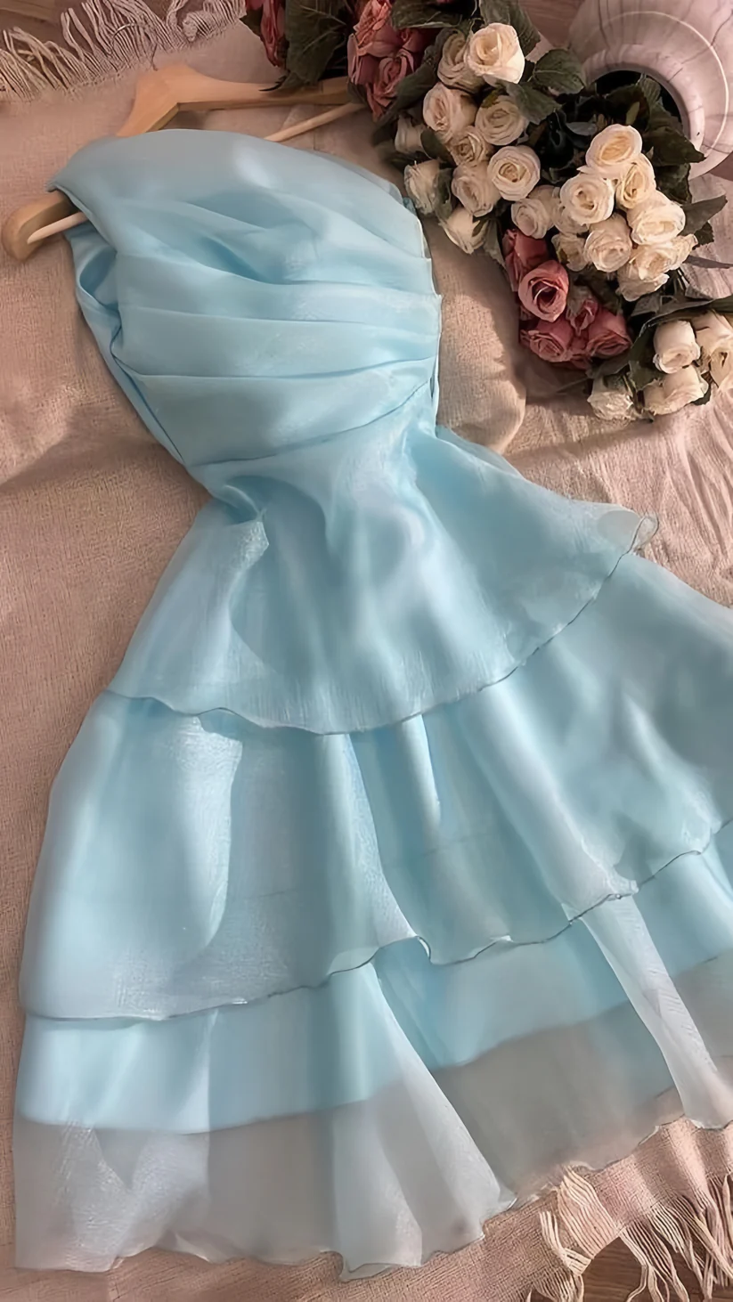 Chic One Shoulder Sky Blue Organza Homecoming Dress cc2348