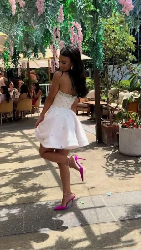 Gorgeous White Strapless Satin Beaded A Line Birthday Outfits Graduation Homecoming Dress cc3241