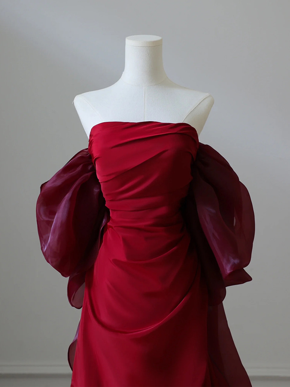Burgundy Strapless Pleats Prom Dress Elegant Mermaid Evening Dress Wedding Party Dress cc1440