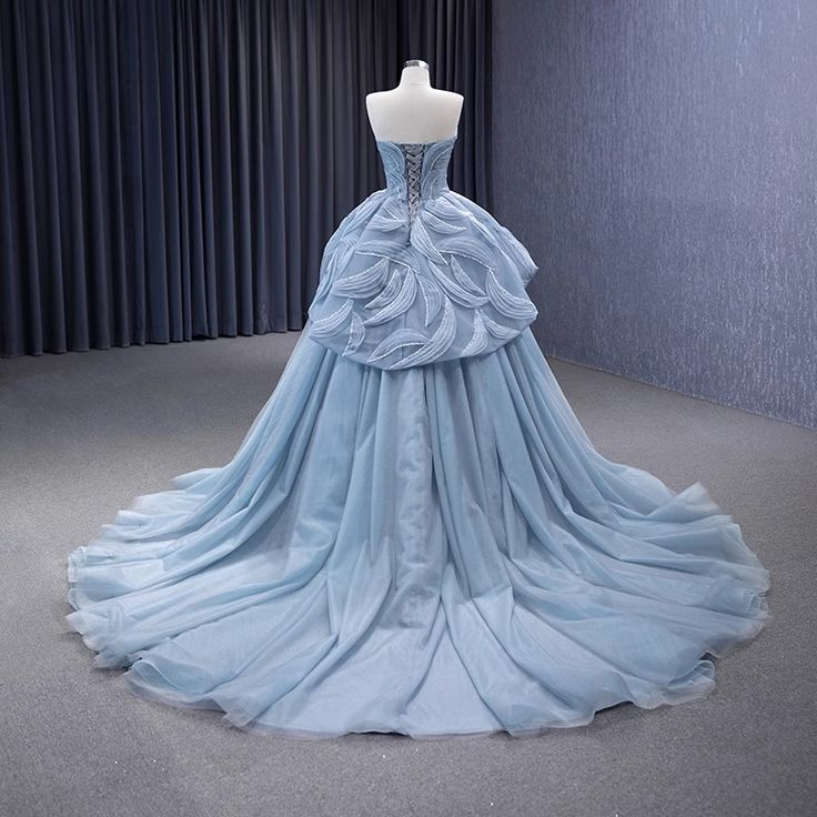 High-End Blue Beading Tulle Cascading Ruffles Prom Dress New Ball Gown cc1768