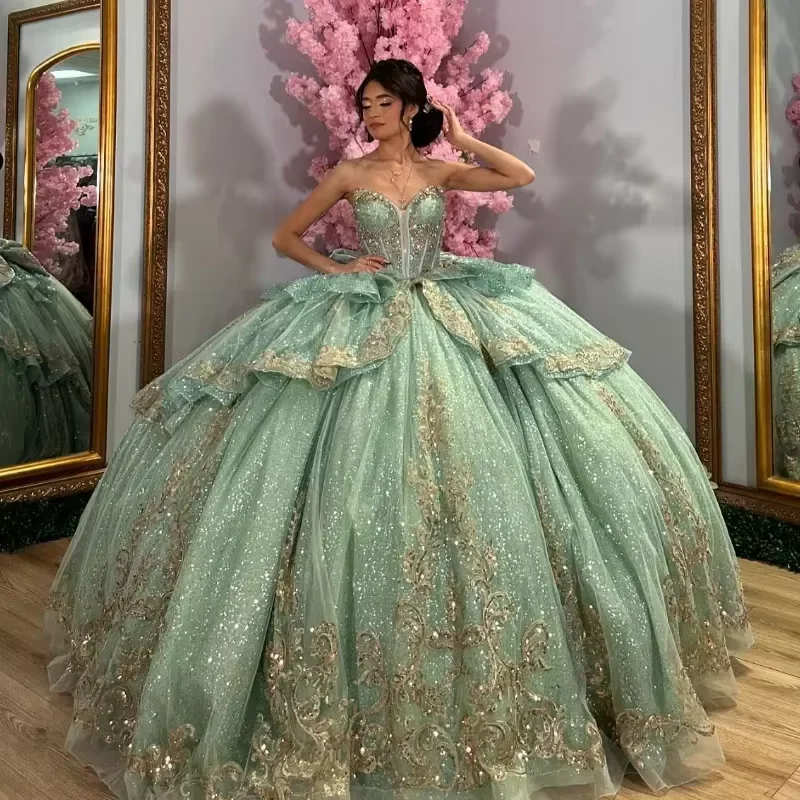 Charming Green Tulle Sequins Gold Appliques Ball Gown,Formal Quinceanera Dress cc2626