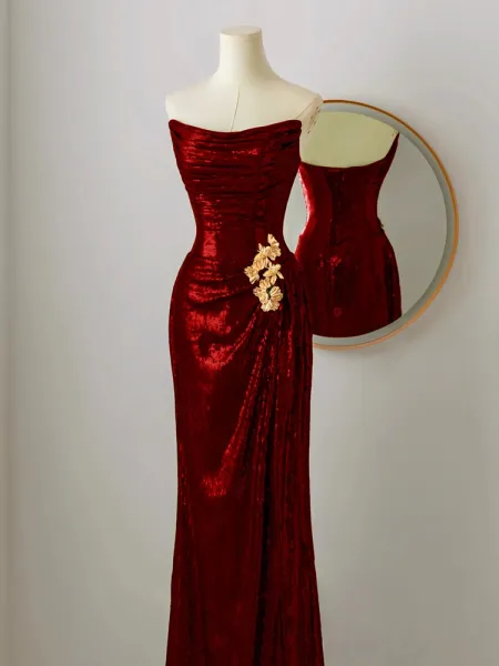 Charming Sequins Burgundy Strapless Long Evening Dress Mermaid Party Dress Prom Dress cc1464