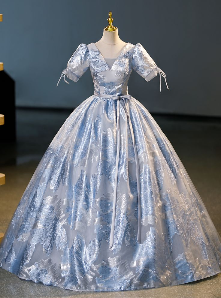 Elegant Blue Satin Print Princess Quinceanera Dress A Line Ball Gown cc1699