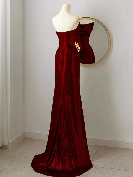 Charming Sequins Burgundy Strapless Long Evening Dress Mermaid Party Dress Prom Dress cc1464