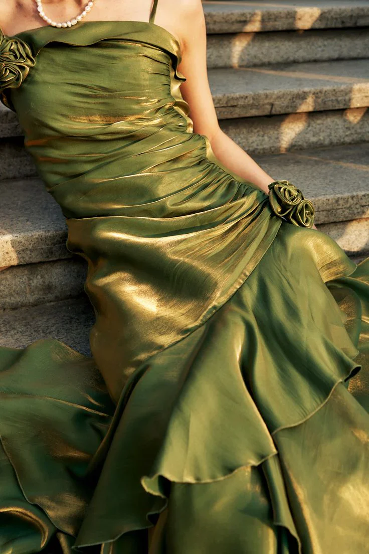 Elegant Mermaid Ruffles Spaghetti Straps Prom Dress With Flower,Formal Party Evening Dress cc1456