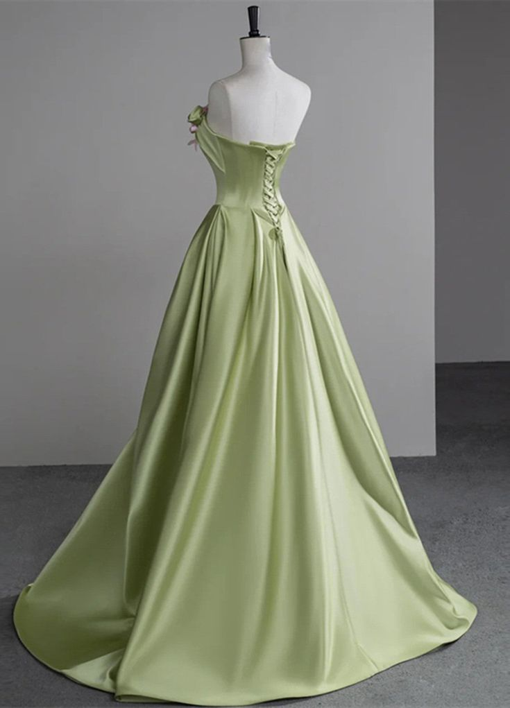 Elegant Green Satin Party Dress With Flowers, Green Long Prom Dress cc1442