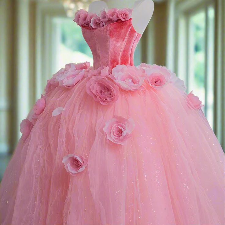 Pink Princess Ball Gown Sweet 16 Dress Fairy 3D Flowers Tulle Prom Dress Quinceanera Dress cc1637