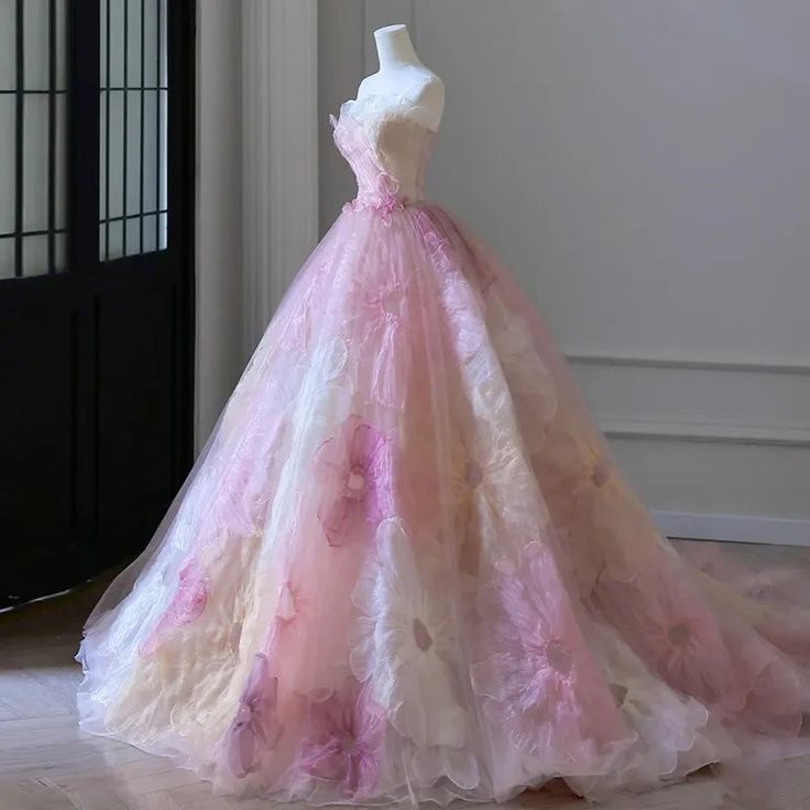 Fairy Pink 3D Appliques Flower Formal Ball Gown Elegant Strapless Sweet 16 Dress cc1618