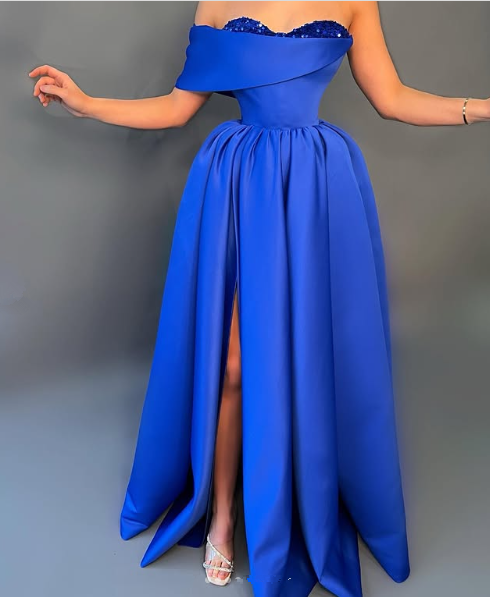 Simple Off The Shoulder Satin Sequins Slit Party Prom Dress,Blue A Line Evening Dress cc2972