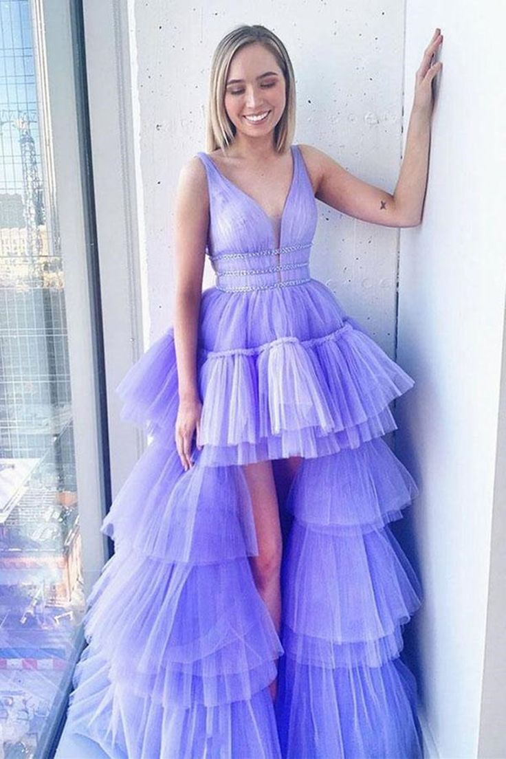 High Low V Neck Purple Tulle Long Prom Dress with Belt cc1147