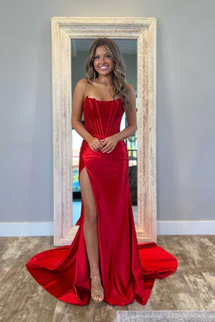 Elegant Strapless Fuchsia Lace Satin Mermaid Party Dress Slit Prom Dress cc2116